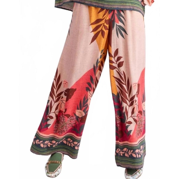 easel Pants - Easel NWT Floral Border Printed Rayon Wide-Leg Pants Size Large